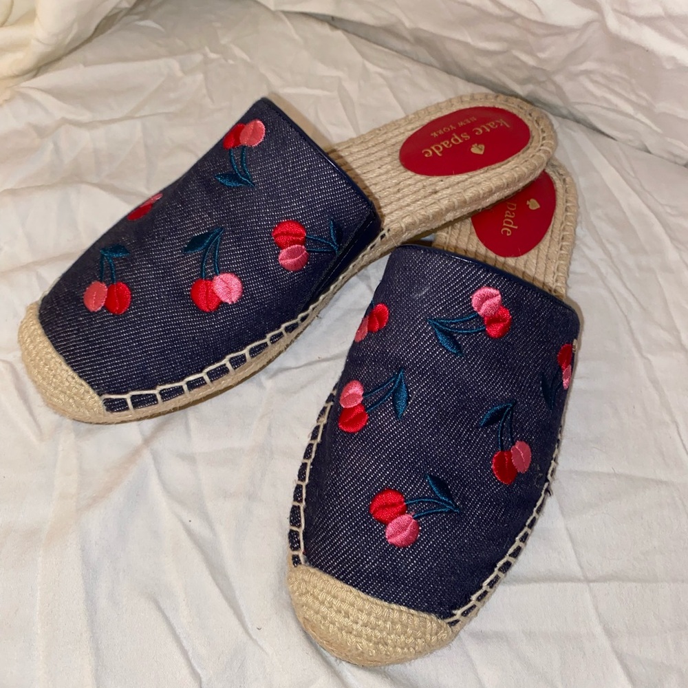 Kate Spade Navy Cherry Embroidered Flats